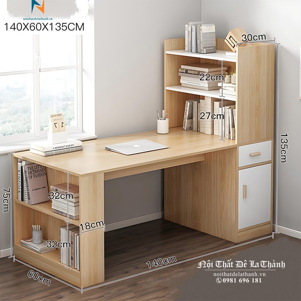 Kích thước chi tiết chiếc bàn học kiêm bàn làm việc phong cách hiện đại: dài 1m4, cao 1m35, sâu 60cm