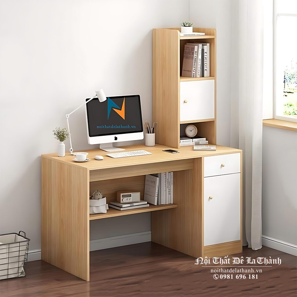 Chiếc bàn học phân khúc giá rẻ, kích thước 1mx1m5, chất liệu gỗ mdf, phối màu 388 và màu trắng