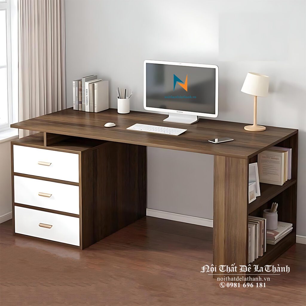 Chiếc bàn học sinh viên được thiết kế theo phong cách hiện đại tối giản, nó giống như bàn làm việc của người lớn, chất liệu gỗ công nghiệp mdf, phối 2 màu nâu đen và cánh trắng, dài 1m2