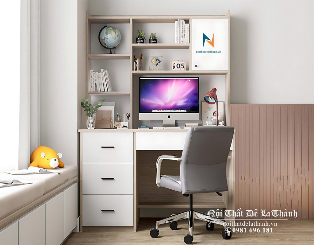 Chiếc bàn học dành cho học sinh trung học cơ sở, màng vàng xám pha màu cánh trắng, kích thước 1mx1m5, thiết kế kiểu bàn học liền giá sách