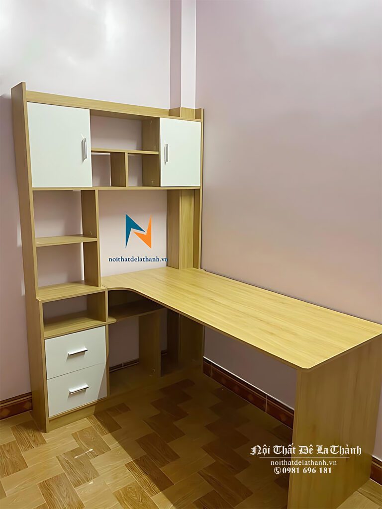 Chiếc bàn học liền giá sách chữ L dành cho học sinh cấp 3, bàn dài 1m2, giá sách 80cmx1m5 thiết kế bên trái bàn