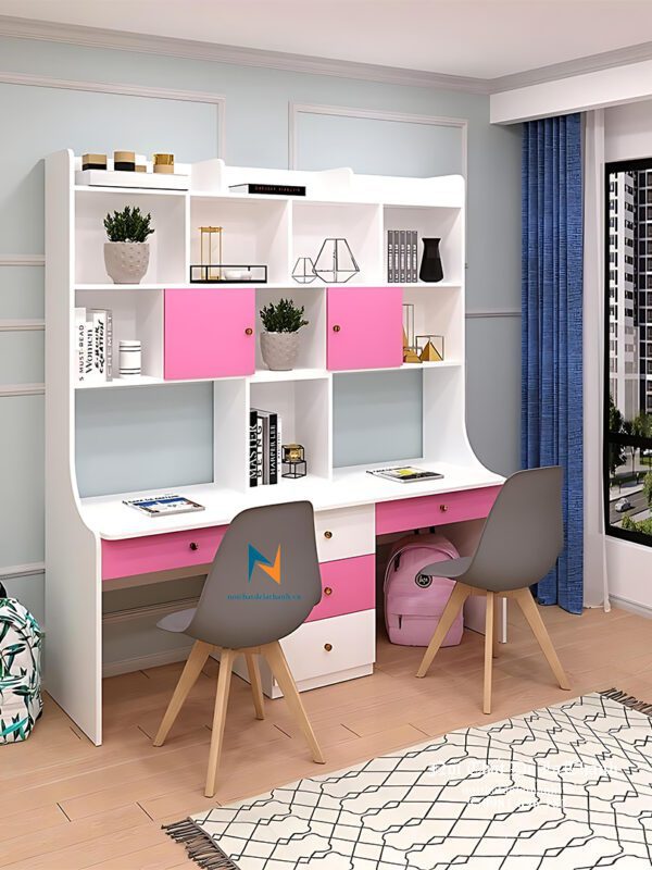 Chiếc bàn học đôi dành cho 2 bé gái cấp 1 hoặc cấp 2, kích thước 1m6x1m95, màu trắng pha màu hồng rất xinh