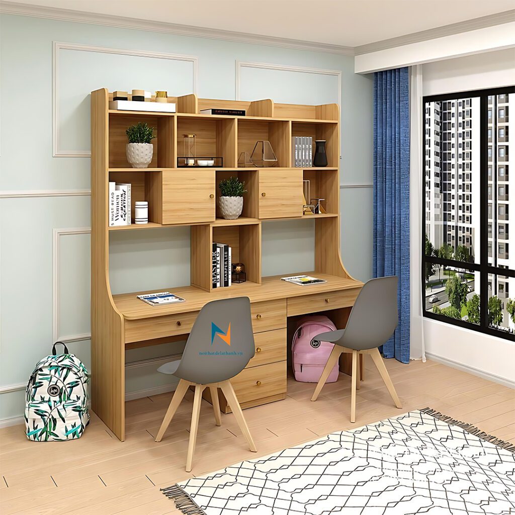 Chiếc bàn học đôi dành cho 2 bé trai cấp 1 hoặc cấp 2, kích thước 1m6x1m95, màu gỗ nâu 388
