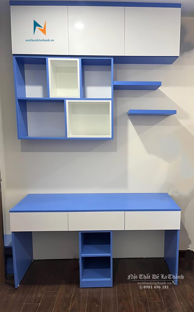 Bàn học đôi 1m2, giá sách treo 1m2x1m4, phối màu xanh pha màu trắng, thiết kế hiện đại đẹp mắt