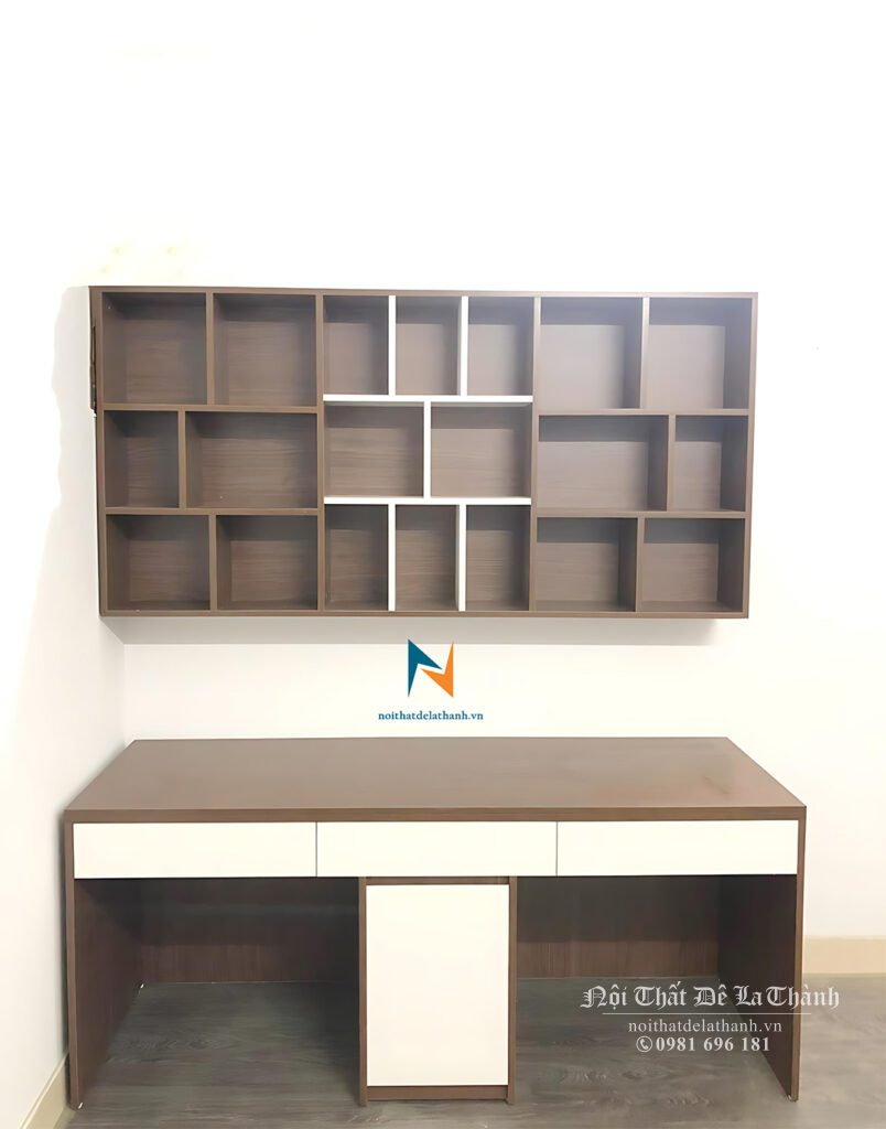 Bàn học đôi giá rẻ, chất liệu gỗ mdf, phối màu nâu và màu cánh trắng, bàn dài 1m6, giá sách treo 1m6x75cm, phong cách đơn giản hiện đại, dành cho 2 bé trai tiểu học
