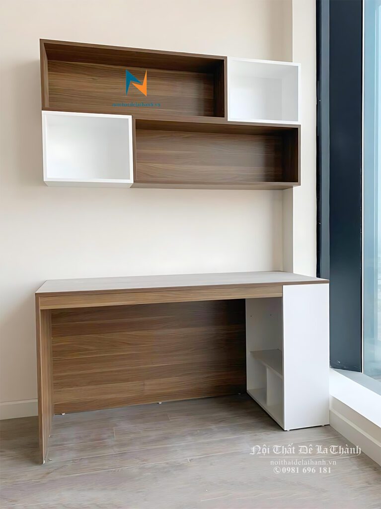 Chiếc bàn học dành cho bé trai trung học phổ thông, dài 1m, gía sách treo 1mx65cm, phối màu gỗ nâu và màu trắng
