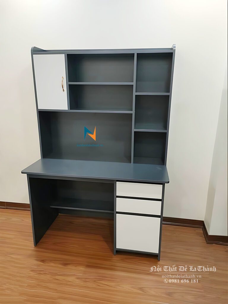 Bàn học sinh gỗ công nghiệp mdf 1mx1m95, màu chì pha màu cánh trắng, bàn liền giá sách, dùng cho học sinh cấp 1, cấp 2