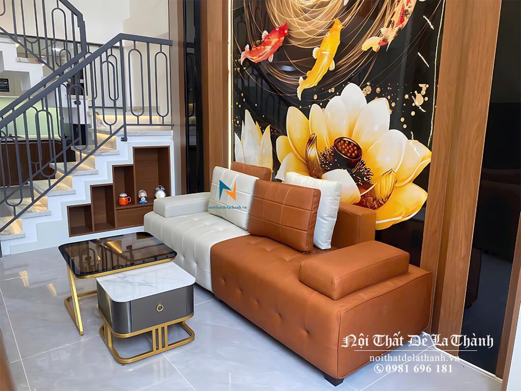 Chiếc văng da phong cách châu Âu (phong cách Ý), dài 2m, làm nổi bật không gian phòng khách gia đình