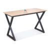 Chiếc bàn chân sắt chữ x, dài 80cm, chân phun sơn tĩnh điện màu đen, mặt bằng gỗ mdf màu vàng nâu, dùng cho việc hoặc hoặc làm việc, bàn thuộc phân khúc giá rẻ