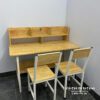 Chiếc bàn học đôi gỗ cao su dành cho 2 bạn tiểu học, kích thước 1m2x1m1, chân sắt màu trắng, mặt gỗ màu cao su tự nhiên
