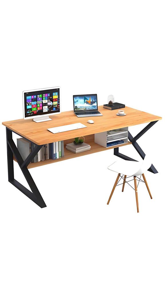 Chiếc bàn học chữ K chân sắt phun sơn tĩnh điện màu đen, dài 1m2, mặt gỗ mdf màu vàng rất đẹp, dưới gầm bàn có thêm giá sách tiện lợi