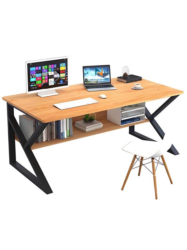 Chiếc bàn học chữ K chân sắt phun sơn tĩnh điện màu đen, dài 1m2, mặt gỗ mdf màu vàng rất đẹp, dưới gầm bàn có thêm giá sách tiện lợi