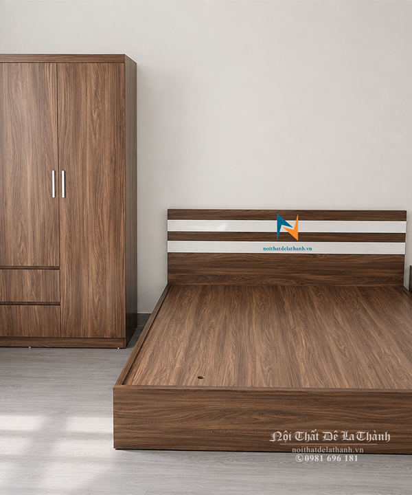 Combo phòng ngủ giá rẻ với táp 40cm, tủ 1m2x2m, giường 1m6x2m màu óc chó 6089, gỗ công nghiệp mdf bề mặt phủ melamine chống xước