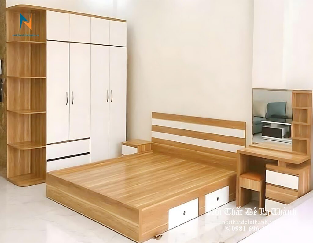 Combo giường tủ màu 6161 pha màu trắng, giá rẻ, bao gồm giường 1m6x2m, tủ 2mx2m45, táp đầu giường và bàn trang điểm