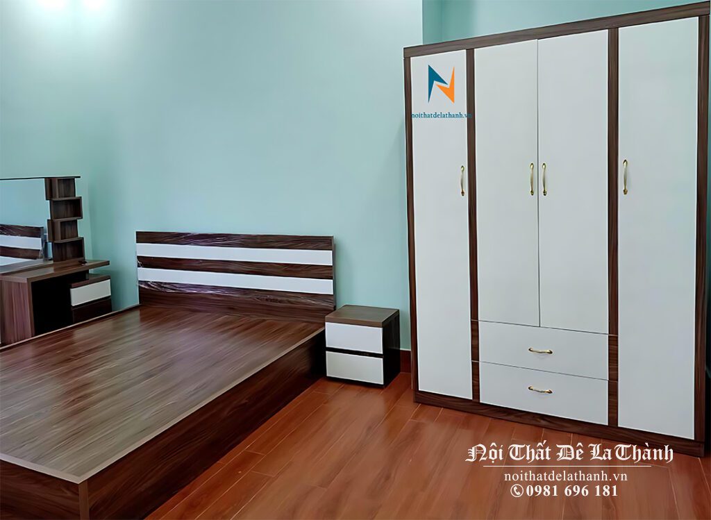 Combo phòng ngủ giá rẻ, gỗ mdf, màu óc chó pha màu trắng với giường 1m6x2m, tủ 1m6x2m, bàn trang điểm 80cm, táp đầu giường 40cm