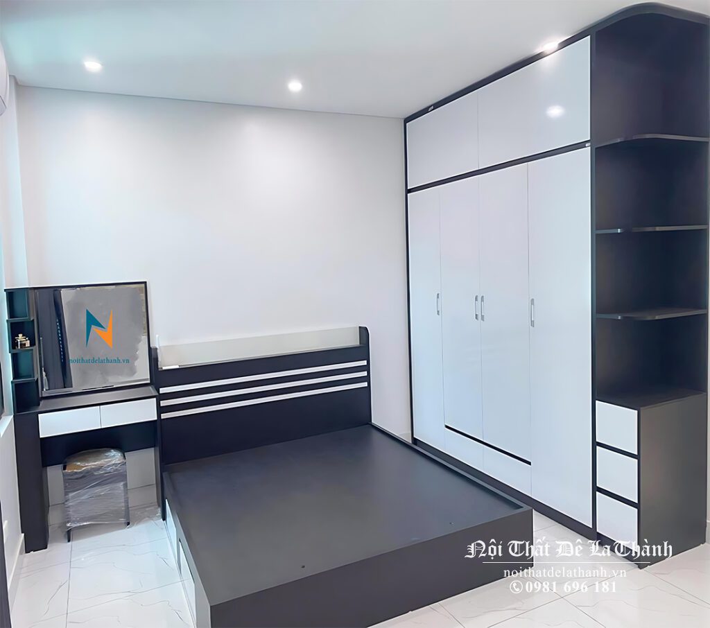 Bộ giường tủ phòng ngủ giá rẻ chất liệu gỗ mdf, gồm giường ngủ 1m8, bàn trang điểm 80cm, tủ quần áo 2 tầng 2mx2m45, phối 2 màu đen trắng rất nổi bật