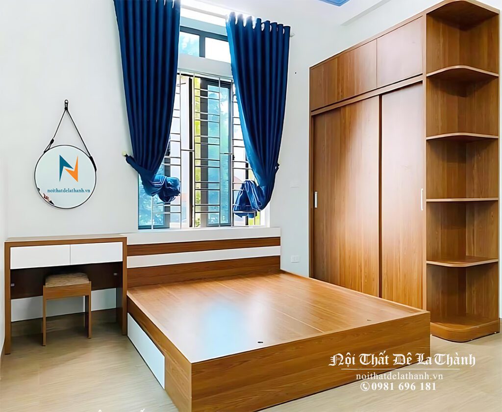 Combo giường tủ phòng ngủ giá rẻ gồm giường 1m6, tủ cánh lùa 2mx2m45, bàn trang điểm treo 60cm, màu gỗ nâu pha trắng