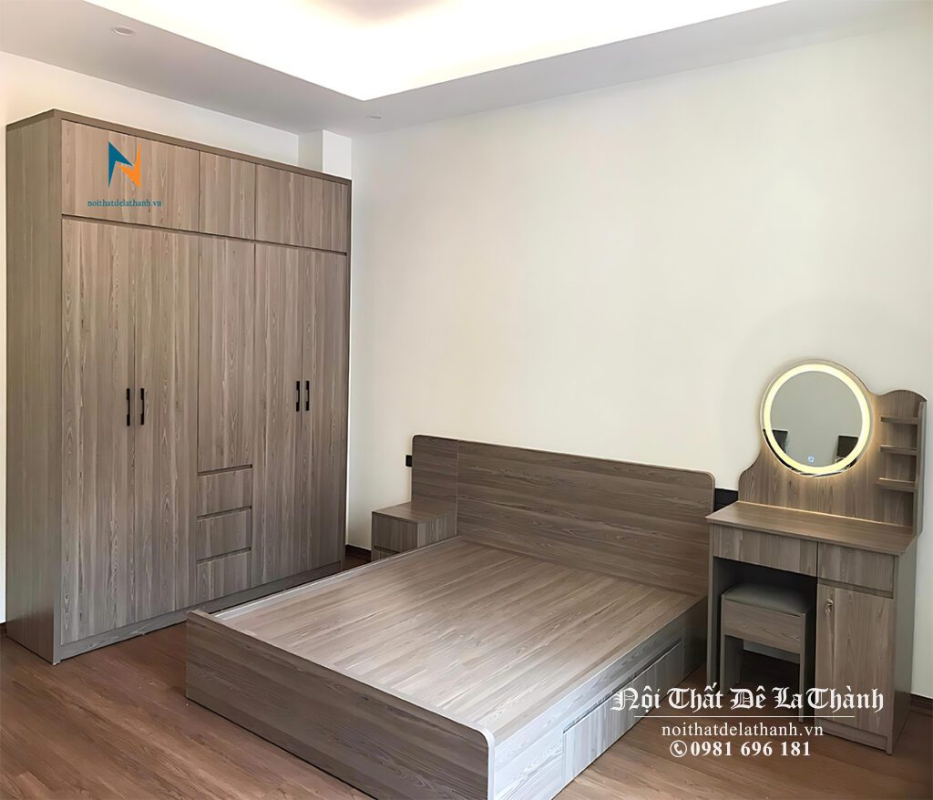 Combo nội thất phòng ngủ giá rẻ gồm tủ quần áo 2mx2m45, giường ngủ 1m6, bàn trang điểm 80cm, chất liệu gỗ ép mdf, màu nâu xám