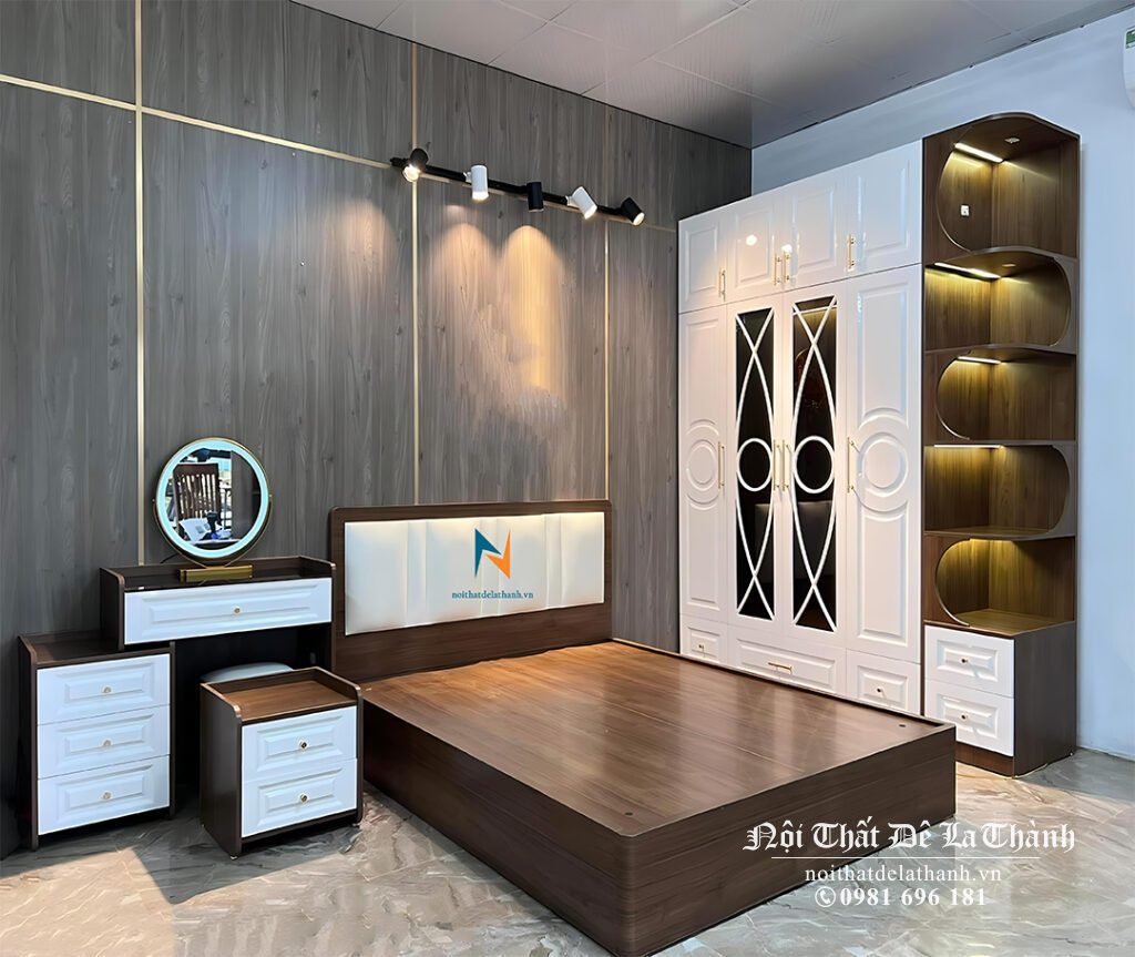 Combo nội thất phòng cưới giá rẻ với tủ 2mx2m45, cánh sơn màu trắng, giường 1m8x2m, đầu gắn nệm màu trắng, táp 40cm cánh màu trắng, bàn trang điểm 80cm cánh màu trắng kèm gương led tròn