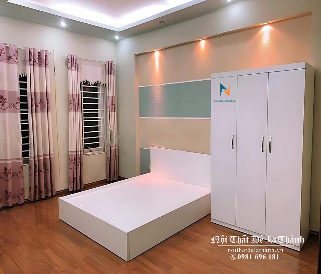 Combo giường tủ gỗ công nghiệp giá rẻ màu trắng: giường 1m2x1m9, tủ 1m2x2m