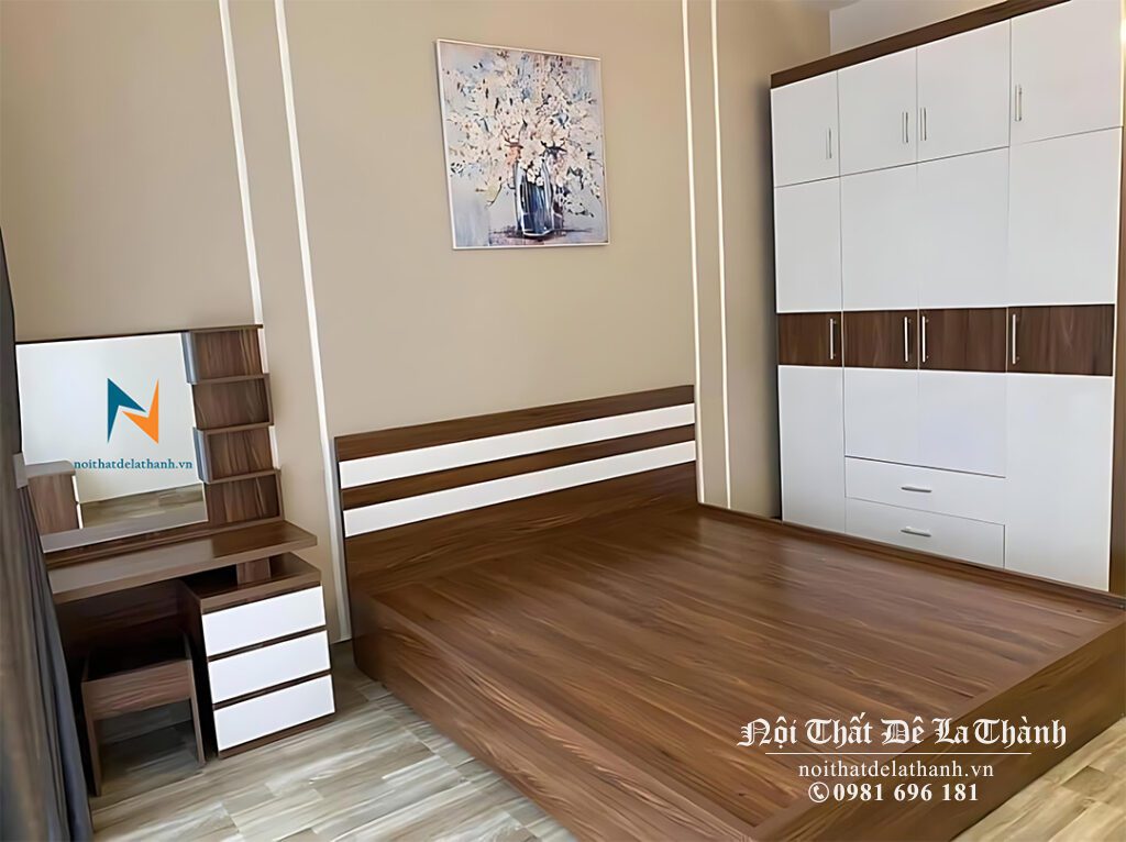 Combo giường tủ giá rẻ với tủ 2 tầng 1m6x2m45, giường 1m6, bàn trang điểm 80cm, màu óc chó pha màu trắng