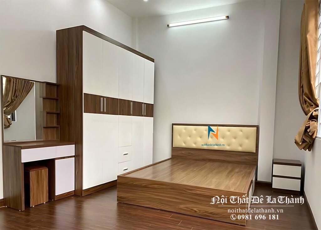 Combo giường tủ giá rẻ màu óc chó với giường đầu bọc nệm, gồm giường 1m8, tủ 2mx2m, bàn phấn 80cm, táp 40cm