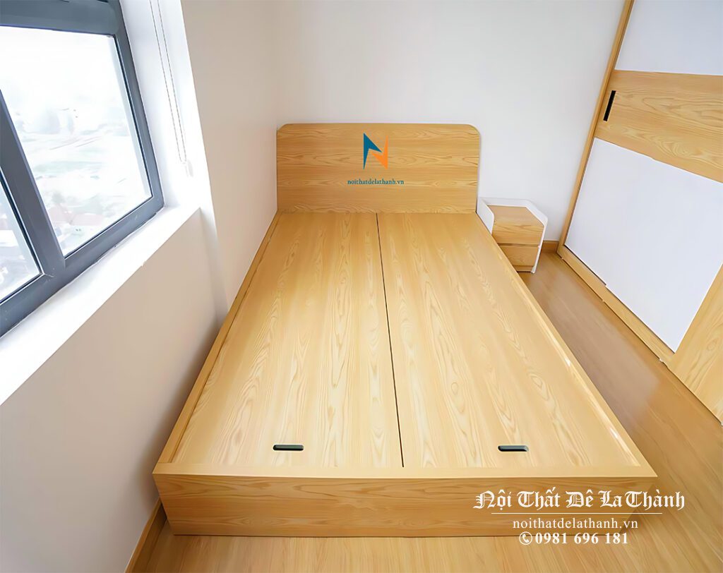 Chiếc giường gỗ mdf phân khúc giá rẻ, màu sồi, kích thước 1m2x1m9, phong cách hiện đại