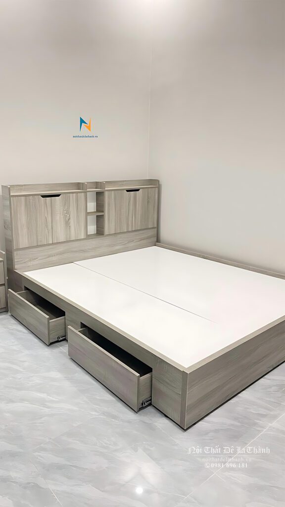 Chiếc giường đầu hộp gỗ công nghiệp MDF màu ghi xám 1m6x2m