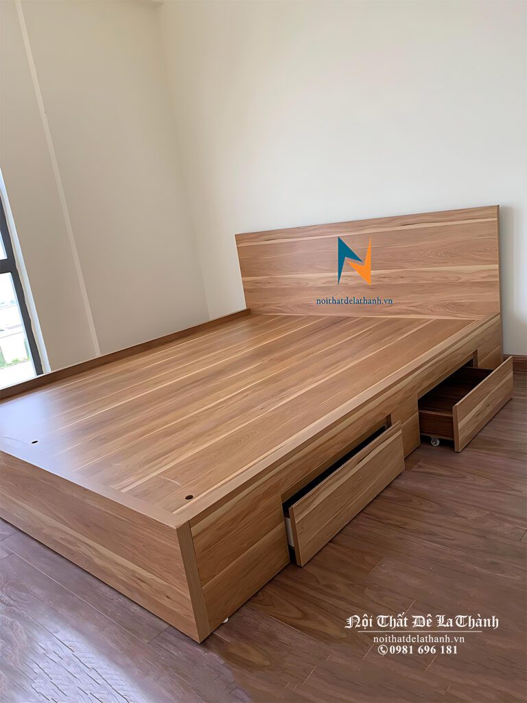 Giường 1m6 x 2m gỗ công nghiệp hiện đại với thiết kế có 2 ngăn kéo để đồ bên vai phải, màu nâu đỏ