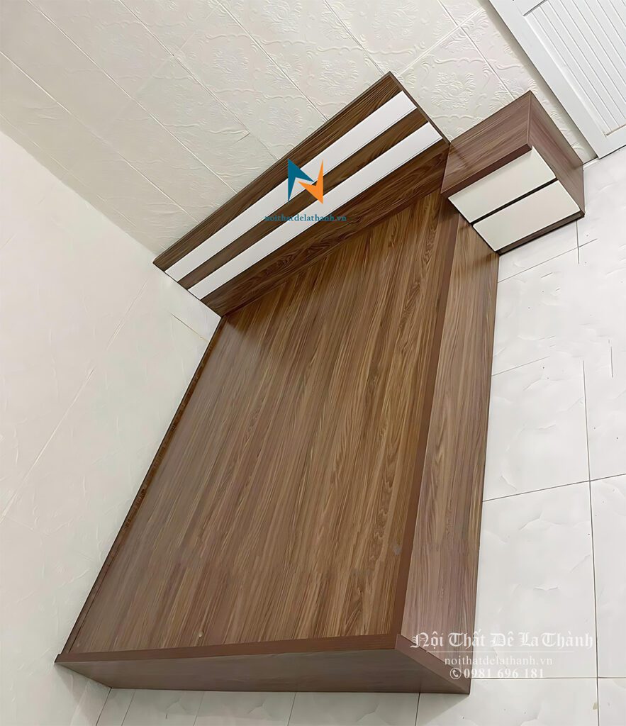 Chiếc giường ngủ giá rẻ 1m6x2m màu óc chó chất liệu gỗ công nghiệp MDF với thiết kế theo phong cách hiện đại