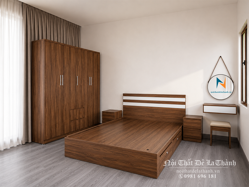 Bộ giường tủ giá rẻ gỗ công nghiệp bao gồm giường 1m8, tủ 2mx2m, táp 40cm, bàn trang điểm nhỏ 40cm