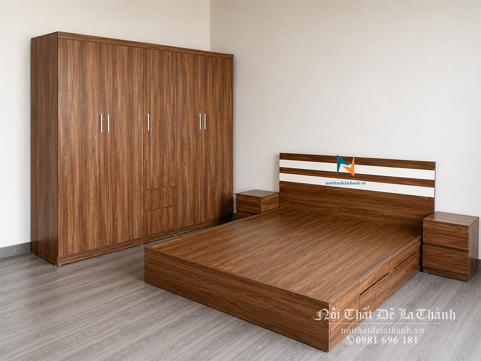 Khách hàng cũng có thể có thêm lựa chọn với combo giường tủ giá rẻ gỗ công nghiệp bao gồm giường 1m8, tủ 2mx2m, táp 40cm, bàn trang điểm nhỏ 40cm