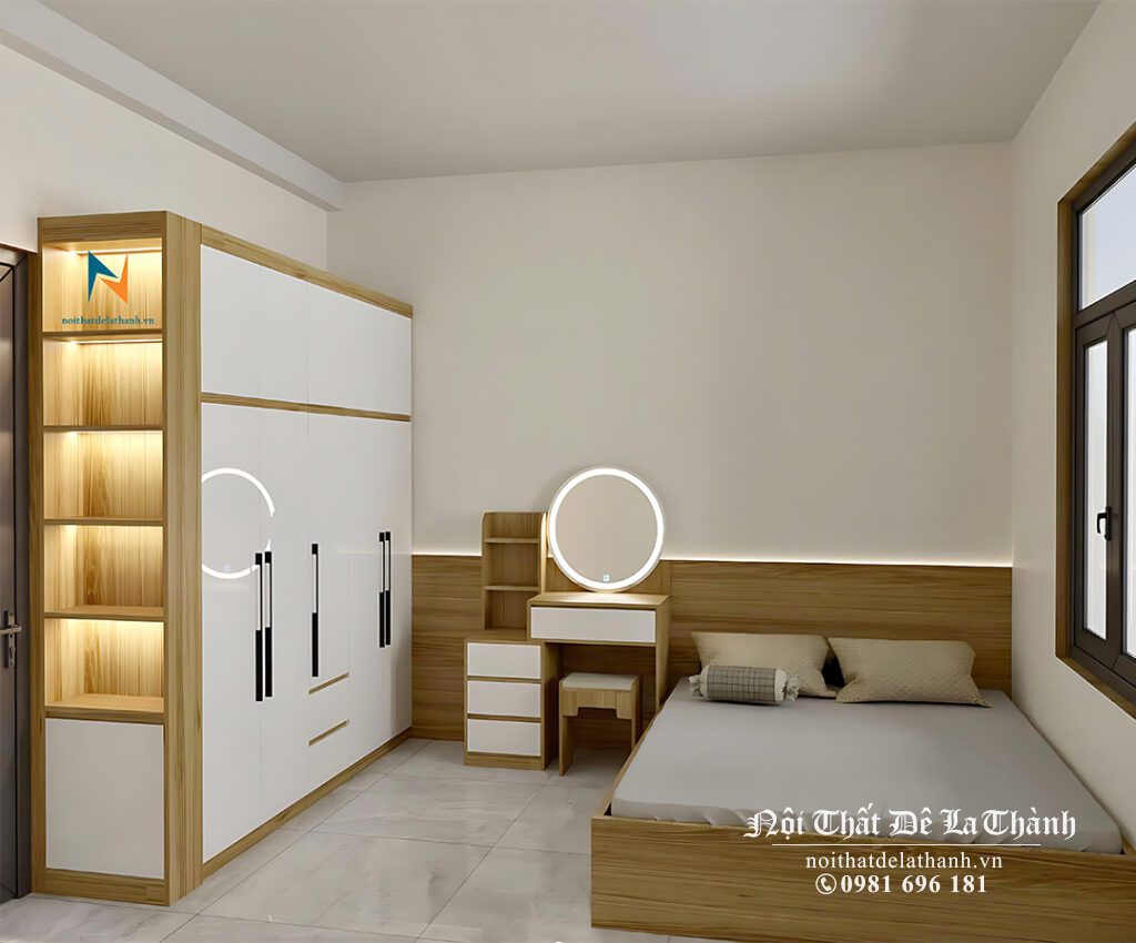 Bộ phòng ngủ được thiết kế theo kiểu đơn giản, hiện đại, gồm bàn trang điểm 80cm kèm gương led, giường 1m6, tủ quần áo 2 tầng 2mx2m45, màu vàng 388 pha cánh trắng