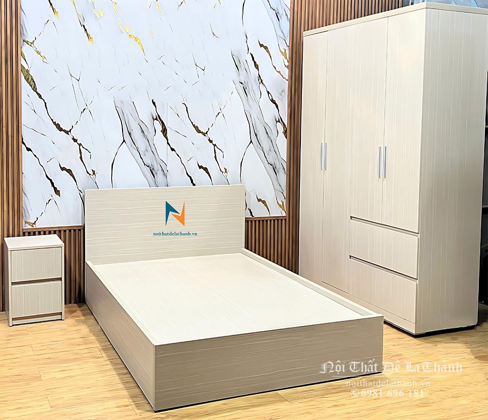 Combo giường tủ đẹp giá rẻ làm bằng chất liệu gỗ mdf, màu gỗ sáng, kích thước giường 1m2x1m9, tủ 1m2x2m, táp 40x40