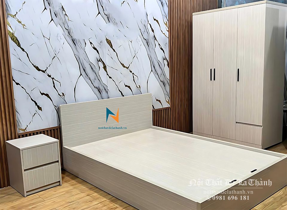 Combo nội thất phòng ngủ giá rẻ gồm giường 1m2x1m9, tủ 1m2x2m, táp đầu giường, màu gỗ sáng