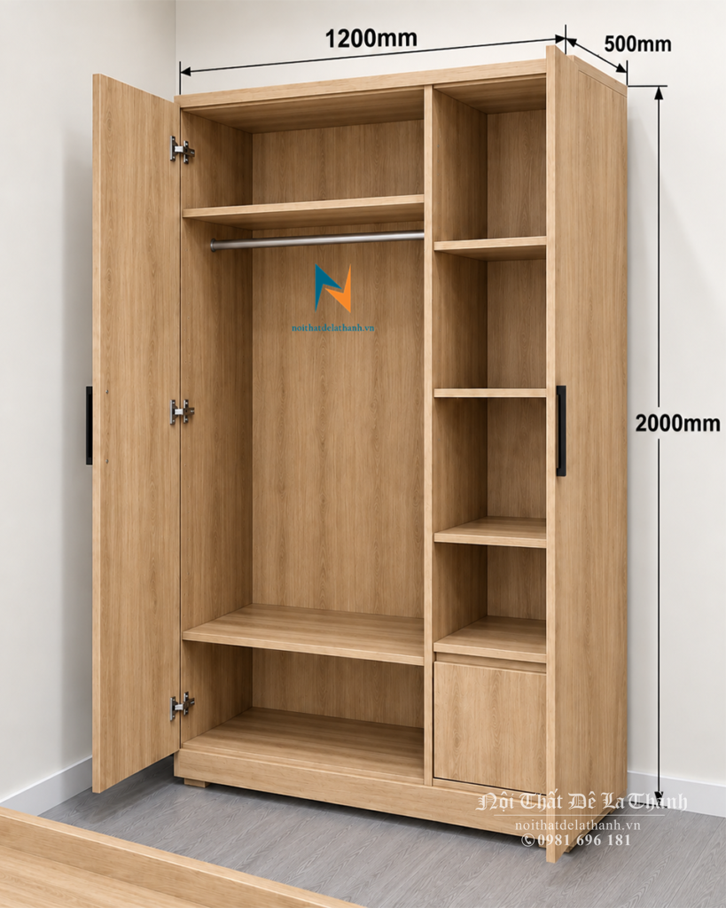 Thiết kế bên trong của chiếc tủ giá rẻ 1m2x2m, màu 388: bên trái là khoang lớn treo quần áo, bên phải là khoang nhỏ có các tấm đợt để đồ gấp