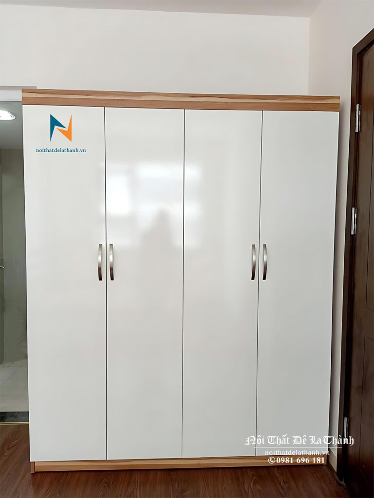 Chiếc tủ quần áo gỗ công nghiệp phân khúc giá rẻ, kích thước 1m6x2m, có 2 buồng 4 cánh, màu 388, cánh màu trắng rất đẹp