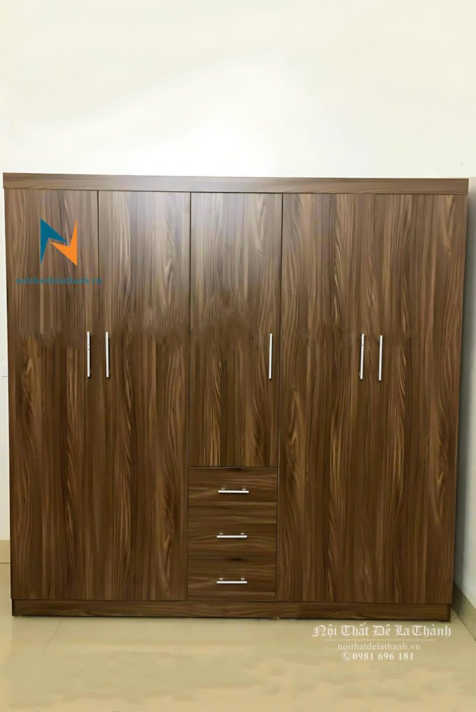 Tủ sinh viên Hà Nội 2mx2m giá rẻ, gỗ mdf, màu óc chó 6089, 5 cánh, 3 buồng, 2 ngăn kéo