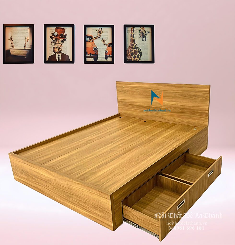Chiếc giường 1m6x2m phân khúc giá rẻ, màu gỗ vân vàng, vai phải có 2 ngăn kéo, độ dày gỗ mdf 15mm
