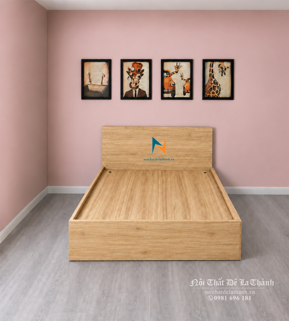 Chiếc giường 1m6x2m phân khúc giá rẻ, màu gỗ vân vàng, vai phải có 2 ngăn kéo, độ dày gỗ mdf 15mm