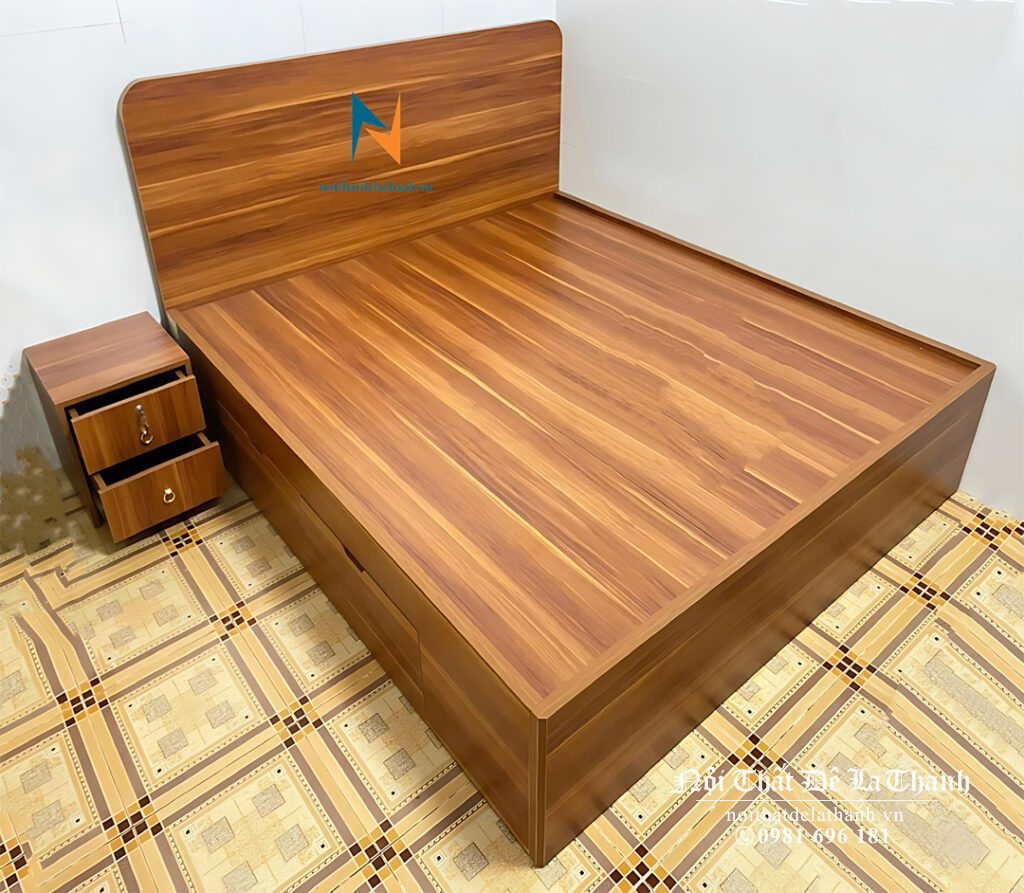 Chiếc giường phân khúc giá rẻ, kích thước 1m4, gỗ ép, thiết kế theo phong cách đơn giản, hiện đại