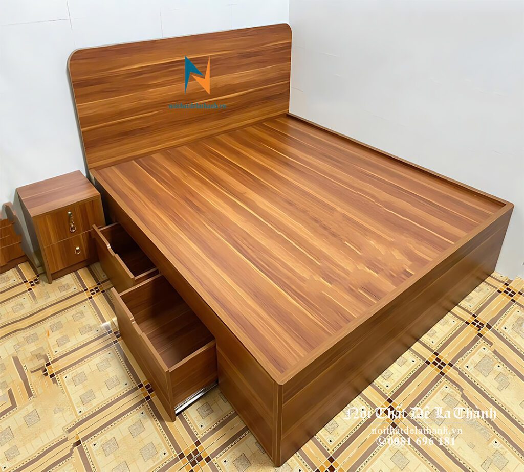 Chiếc giường ngăn kéo giá rẻ, kích thước 1m4x2m, vai trái có 2 ngăn kéo, màu nâu đỏ, chất liệu gỗ công nghiệp mdf