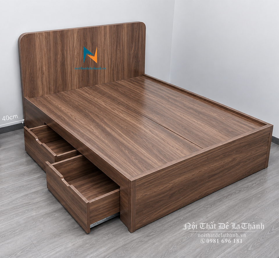 Chiếc giường ngăn kéo giá rẻ, kích thước 1m4x2m, vai trái có 2 ngăn kéo, màu óc chó, chất liệu gỗ công nghiệp mdf