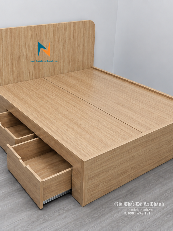 Chiếc giường 1m4 giá rẻ gỗ màu sáng, mã 388 tại Nội Thất Đê La Thành, Hà Nội