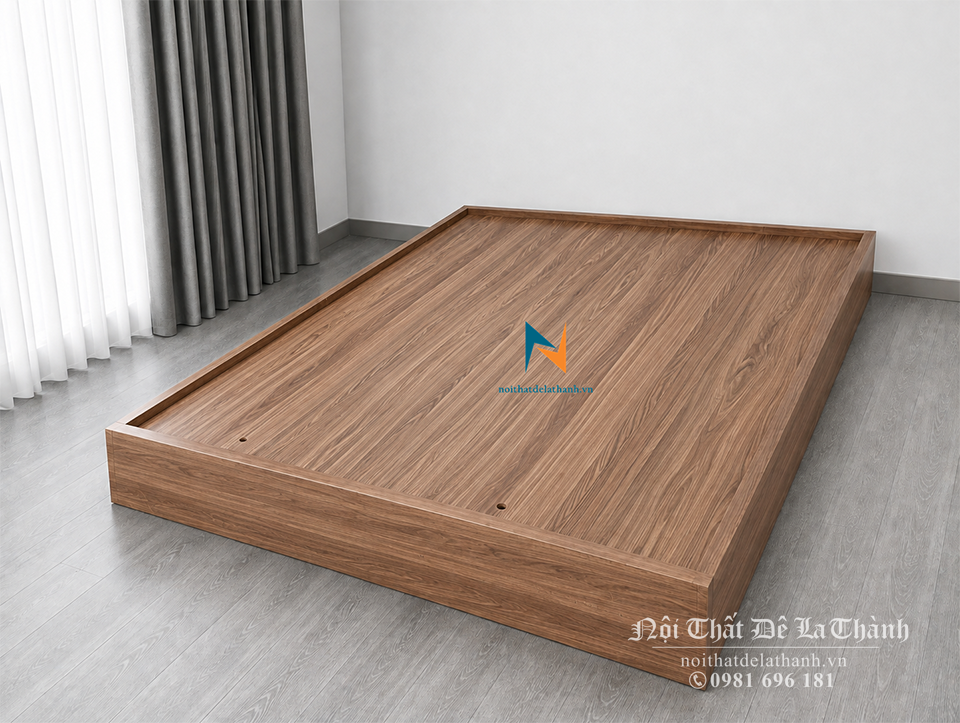 Chiếc giường ngủ không đầu cao phân khúc giá rẻ, thiết kế không đầu với 4 vai cao như nhau, gỗ mdf dầy 15mm, màu óc chó 6089