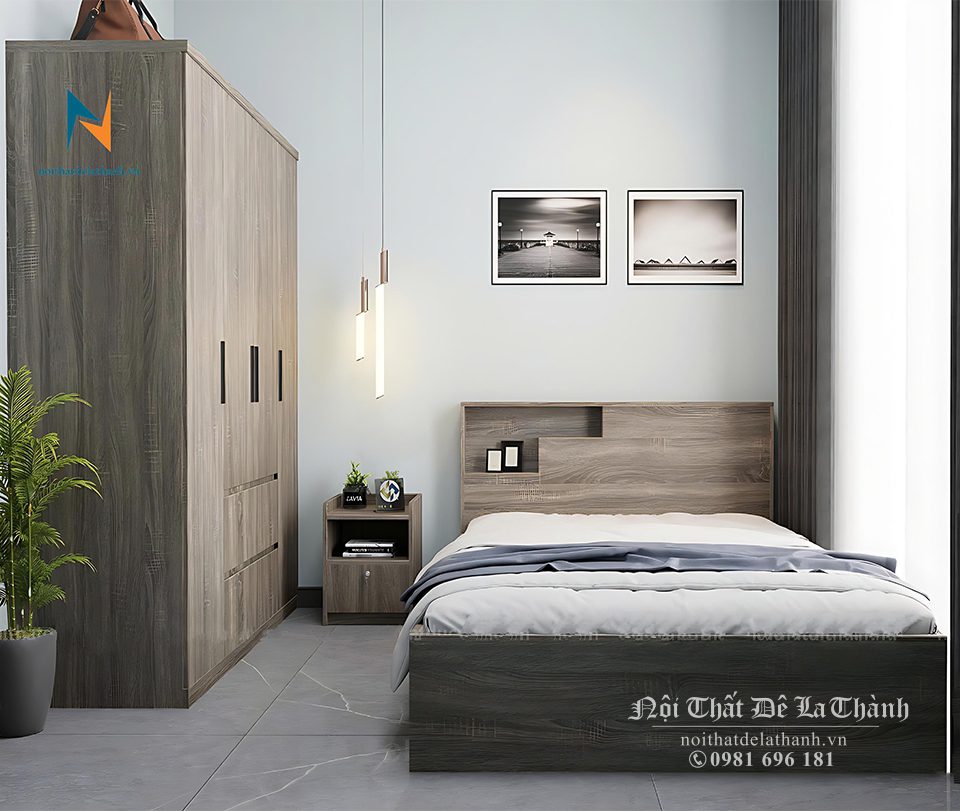 Combo giường tủ giá rẻ bao gổm giường đầu hộp 1m6x2m, tủ quần áo giá rẻ 1m6x2m, táp đầu giường 40x40cm