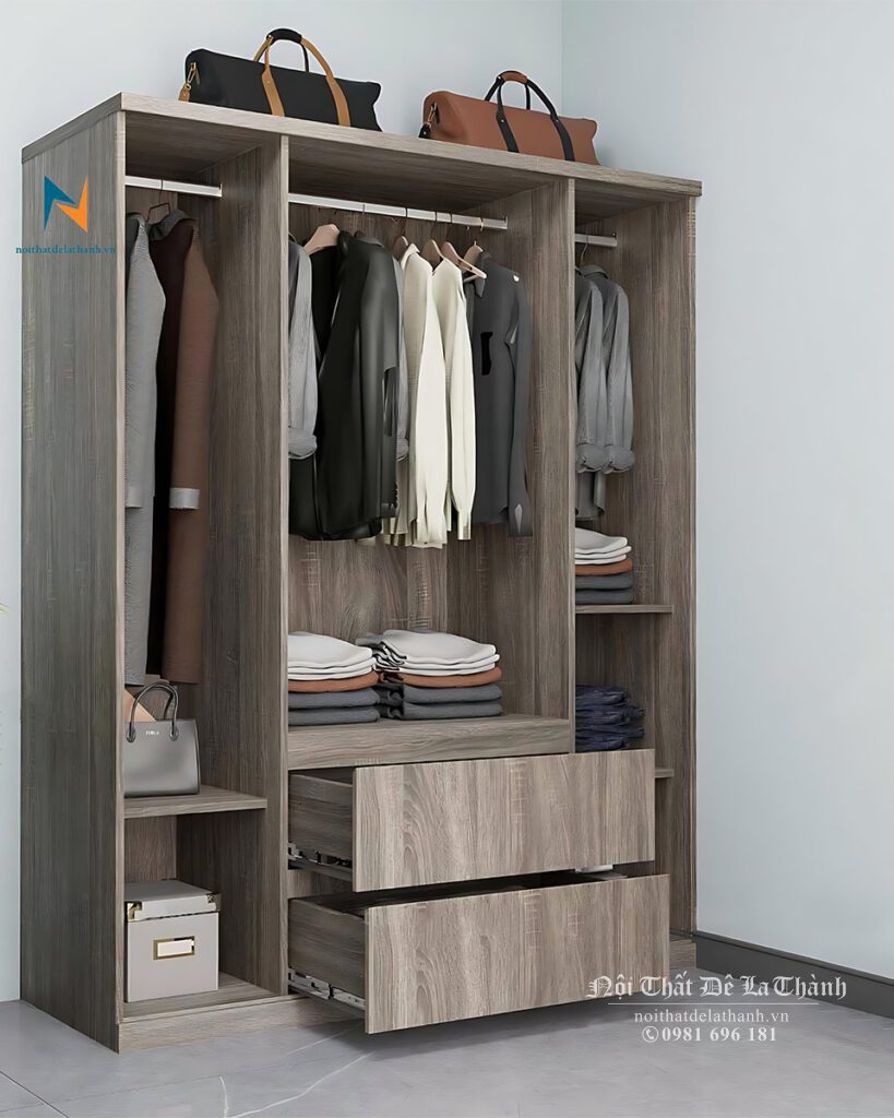 Thiết kế bên trong chiếc tủ giá rẻ 1m6x2m với 2 ngăn kéo, 3 buống (2 buồng nhỏ 2 bên, buồng to ở giữa)