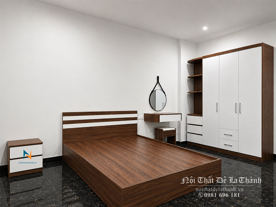 Combo giường tủ giá rẻ bao gổm giường 1m6x2m, tủ quần áo giá rẻ 1m6x2m, bàn phấn treo 60cm, táp đầu giường 40x40cm
