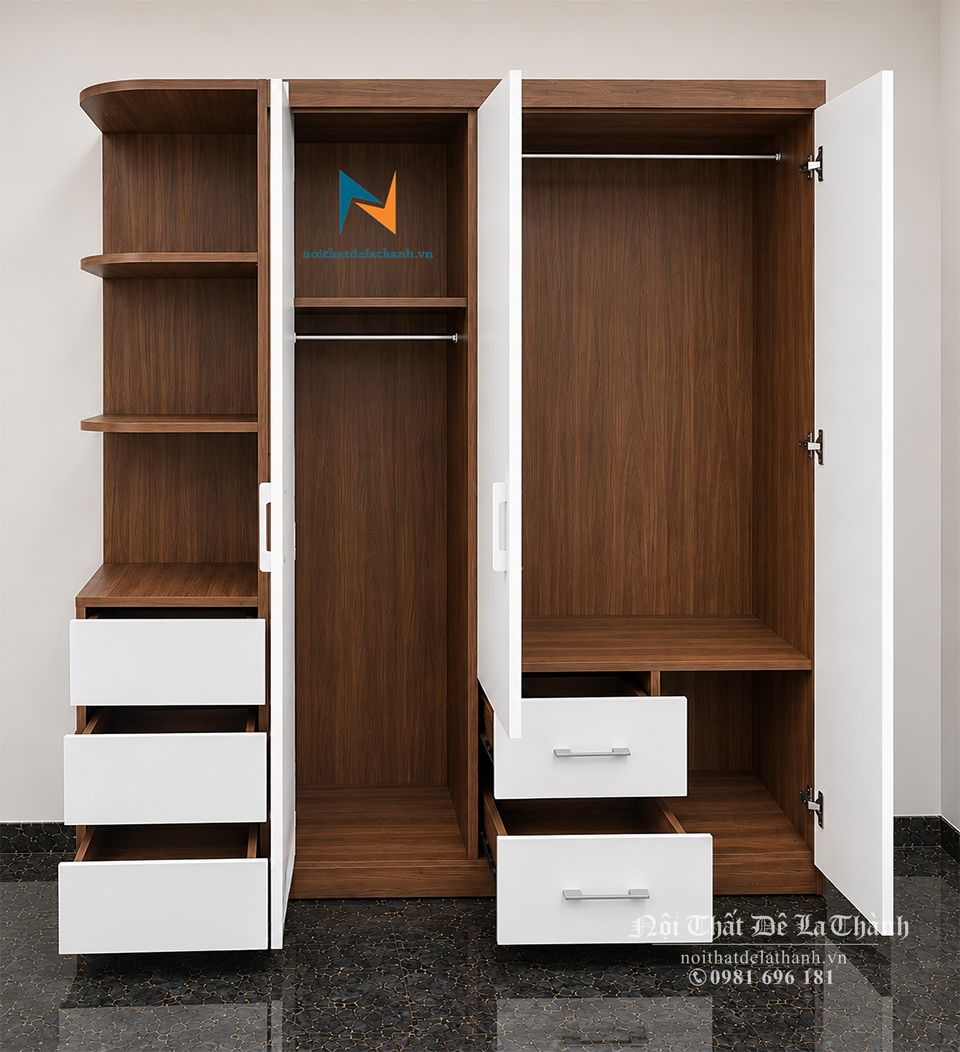 Thiết kế bên trong chiếc tủ 1m6x2m với kệ góc trang trí bên trái, giữa và bên phải là các khoang treo, bên dưới là các ngăn kéo tiện dụng