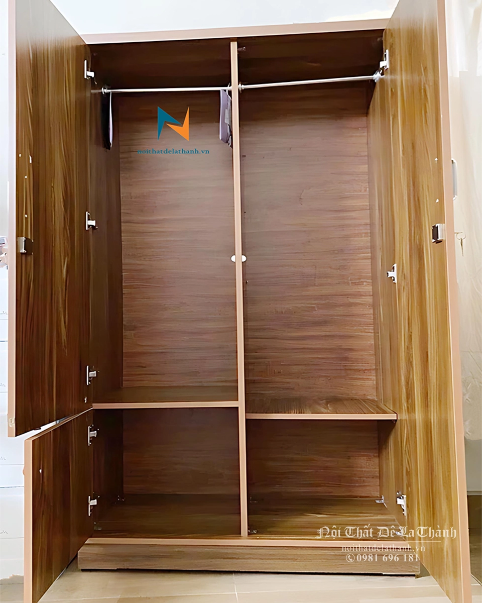 Thiết kế bên trong tủ áo 2 cánh, có 2 đợt, 2 suốt treo, 2 buồng và 2 cánh